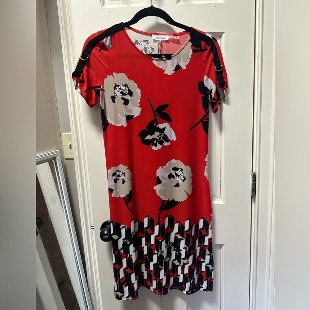 Red Orange NWT Calvin Klein Floral Pattern Shift Dress Sz XS